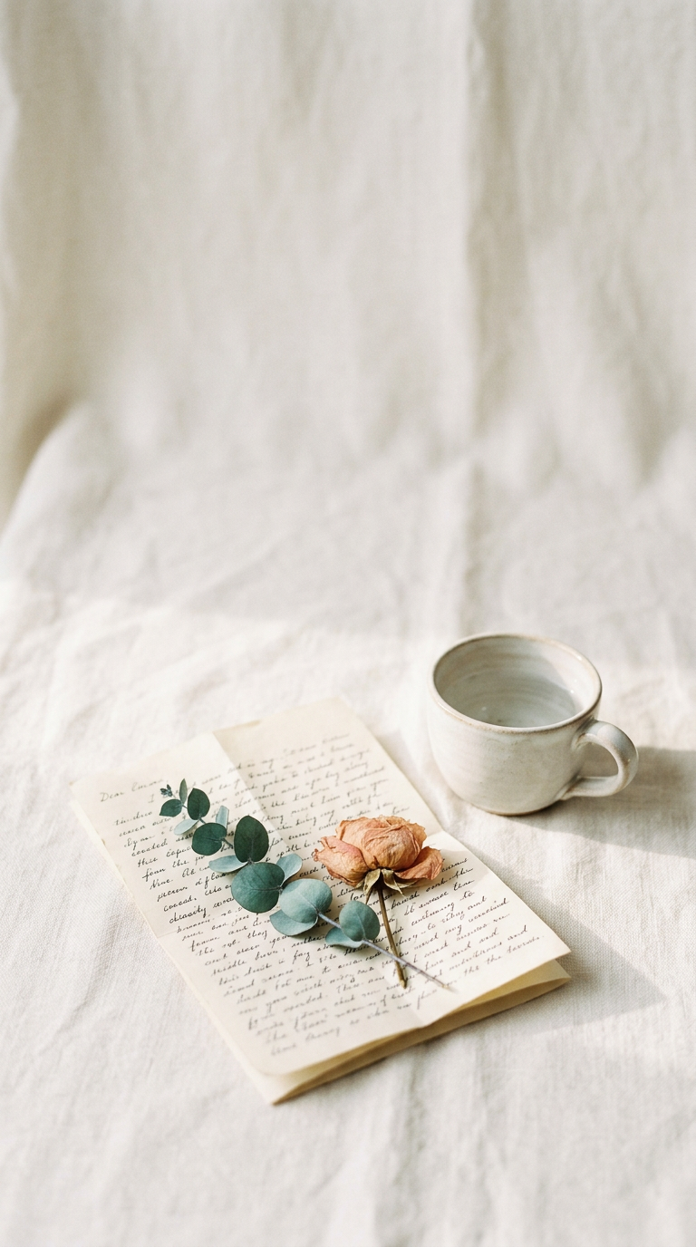A folded handwritten letter resting on linen beside a sprig of eucalyptus in soft morning light