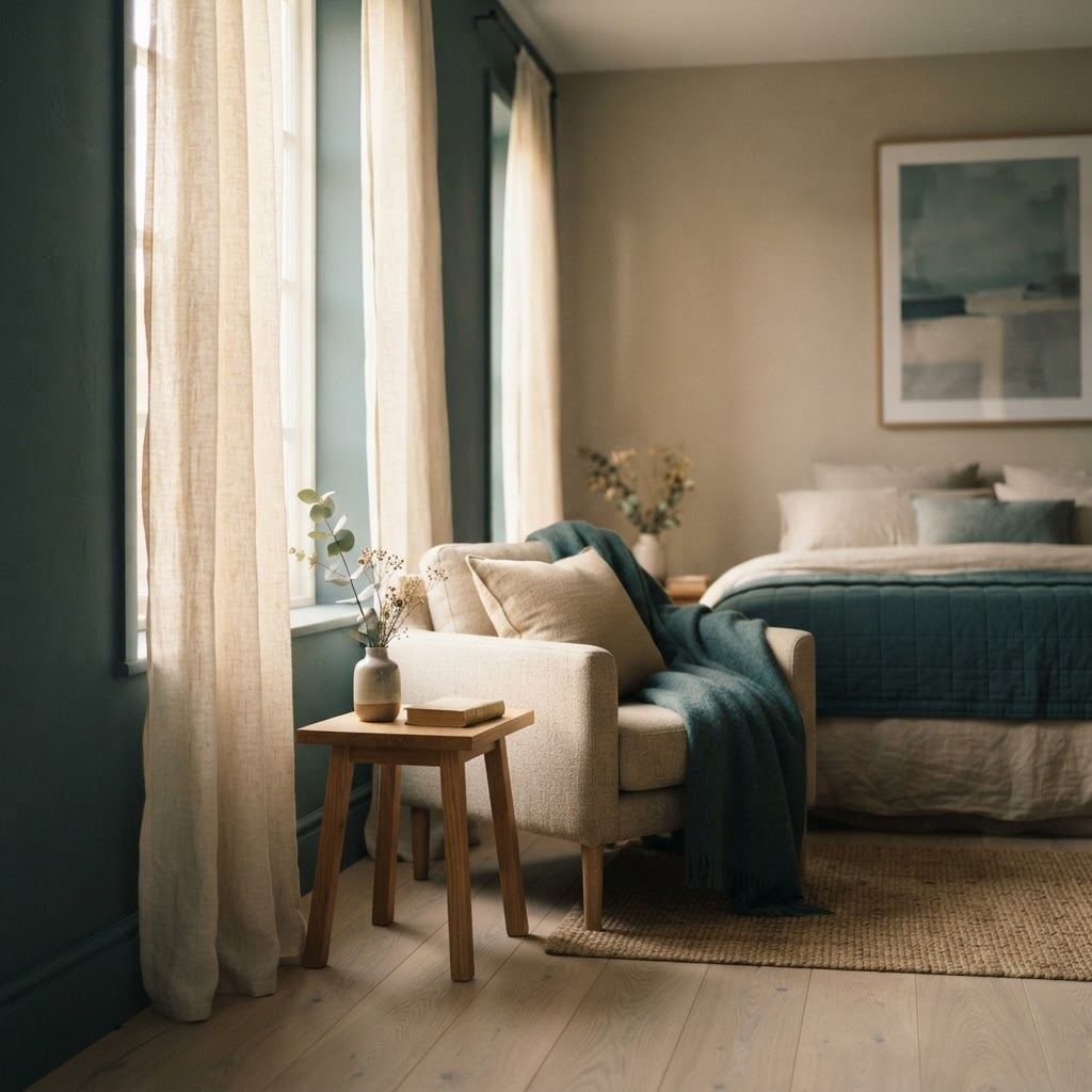 Soft morning light coming through sheer curtains into a calm, quiet room